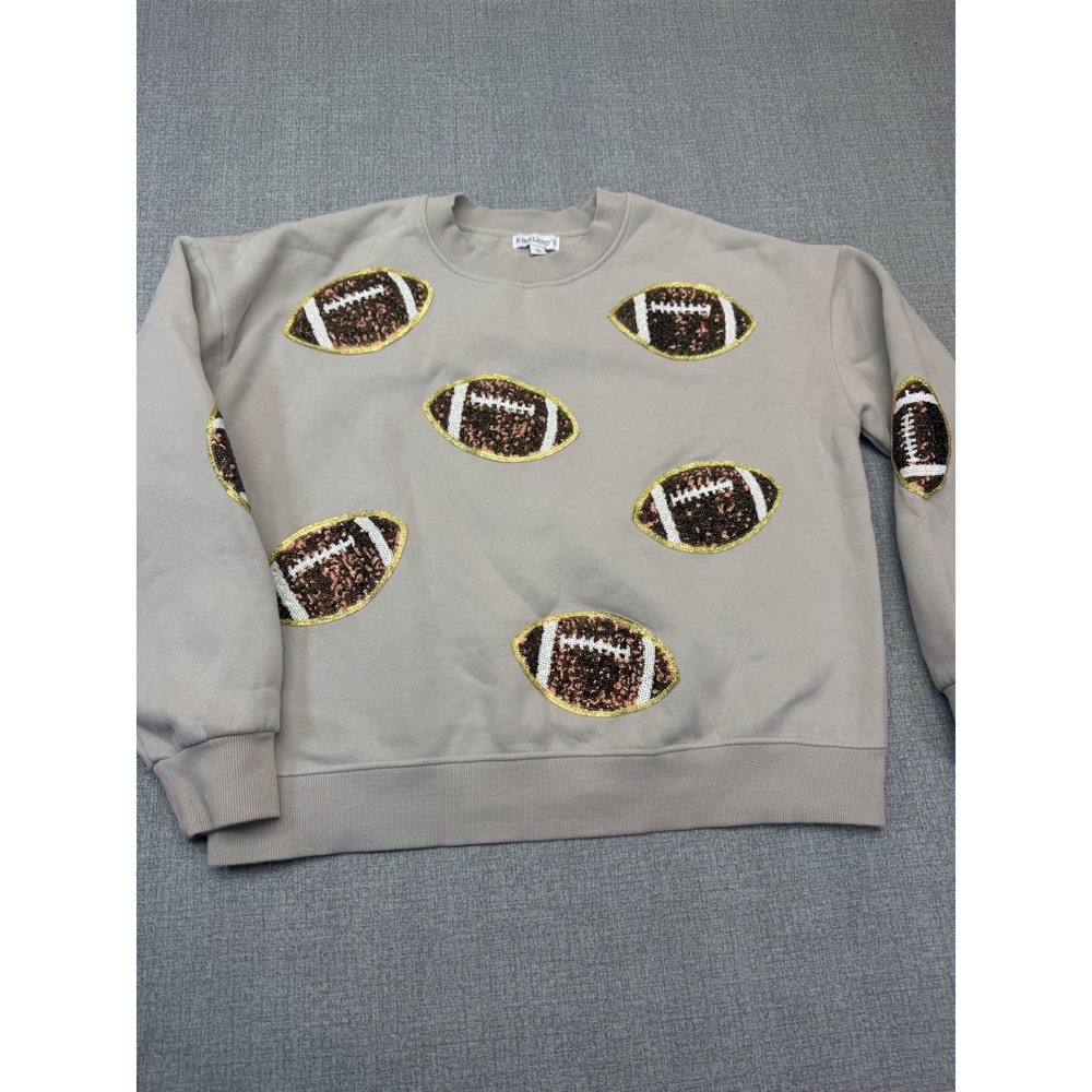Kirklands Sequin Football Sweatshirt Womens Small Taupe Pullover Game Day Fleece